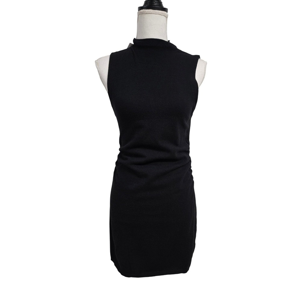LNA Clothing Black Ruched Mock Neck Sleeveless Knit Mini Dress Medium‎ NEW